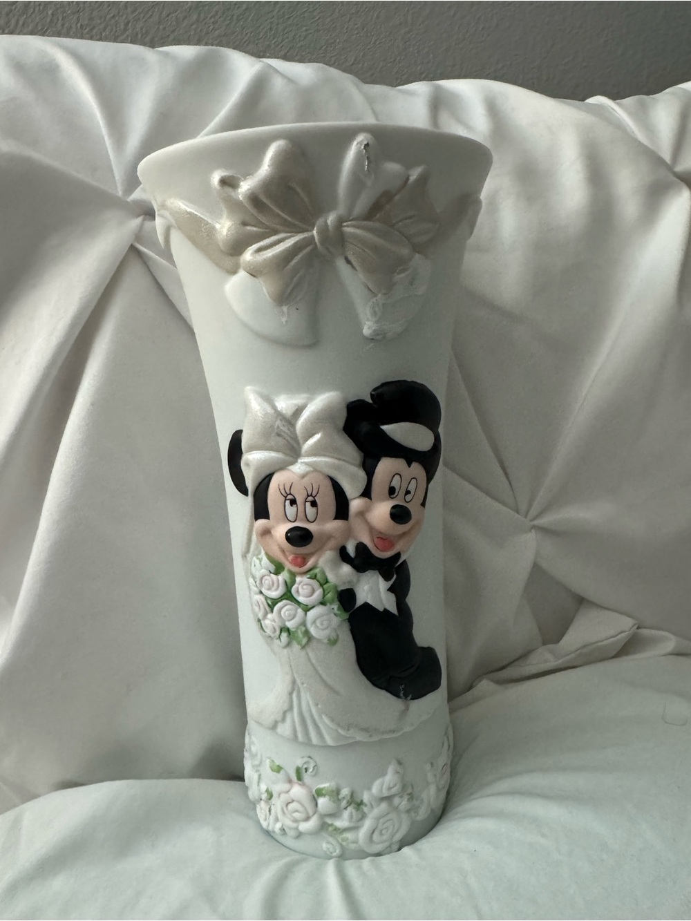 Disney White Ceramic Mickey & Minnie Wedding Vase with Cream Bow Accents